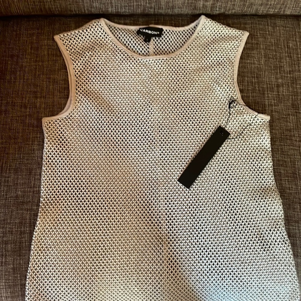 NWT Carbon 38 Silver Metallic Mesh Top Size S